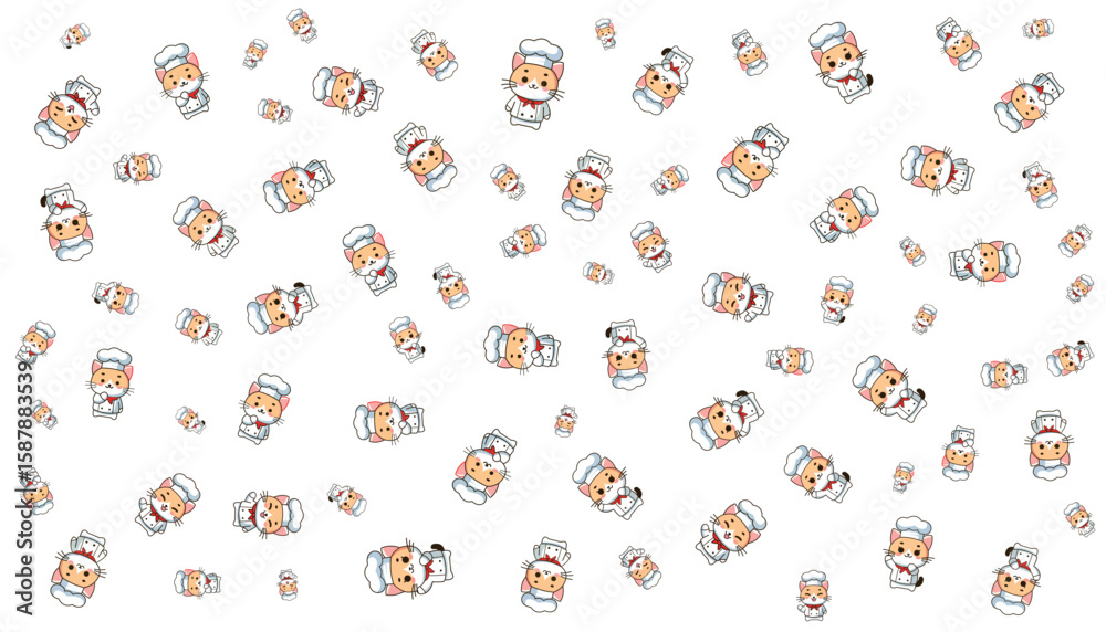 Obraz premium Cute Chef Cat Cartoon Pattern Vectors Set