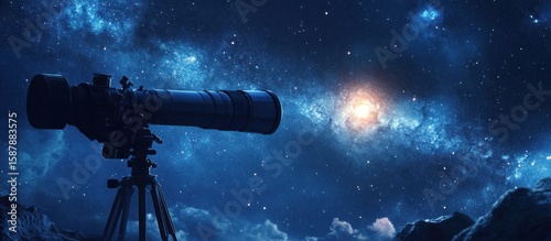 A nighttime scene showing a telescope pointed towards a bright nebula in a star-filled sky, set against a mountainous landscape