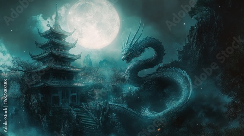 A mystical teal dragon coils around a dark pagoda under a full moon, nestled in a misty mountain landscape