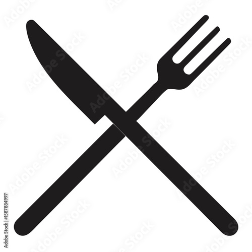 A black fork and knife crossed, a symbol of dining, food, and restaurants.