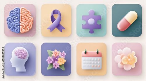 Mental Health Awareness Icons: Brain, Ribbon, Puzzle, Pill, Head, Flowers, Calendar, Wellness. World Alzheimer's Month.