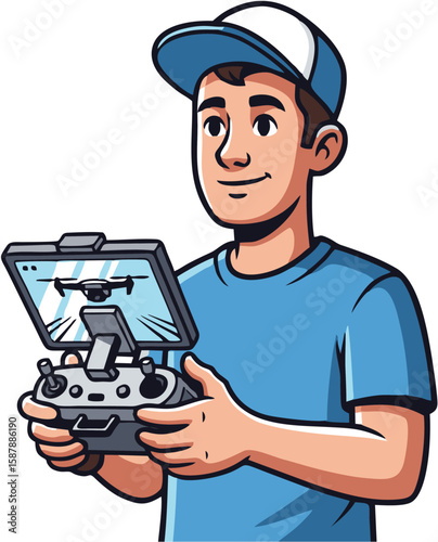 Cartoon man smiling, holding a drone remote controller with a screen showing a drone in flight.