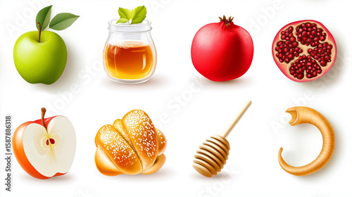 Rosh Hashanah Symbols: Apples, Pomegranate, Honey, Challah, and Shofar Collection