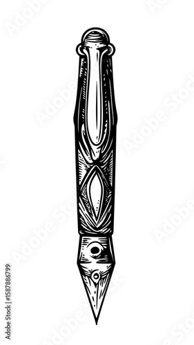 Detailed vintage pen nib engraving black and white vector illustration with ornamental design for writing and calligraphy tools concept digital art