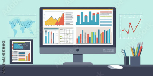 Business analytics and financial data visualization on desktop and tablet screens with graphs, charts, and world map in modern workspace flat vector illustration