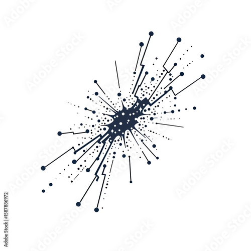 Abstract digital lightning energy burst with connecting dots and lines radiating from center in minimalist vector style on white background