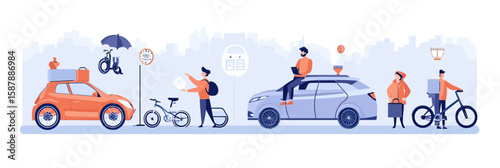 People buying various vehicle insurance policies including car, bicycle, and motorbike with protective shield icons and modern city background in flat vector style illustration