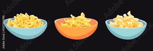 Three bowls of macaroni and cheese with different pasta shapes in minimalist flat vector style isolated on black background for menu design or food illustration concept