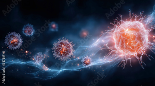 Futuristic Visualization of Virus Cells in a Microscopic Universe with Glowing Effects.Immune cells attacking