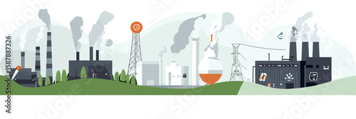 Industrial factories with smoke stacks emitting pollution and power plant facilities showing environmental impact and energy generation in flat vector style illustration