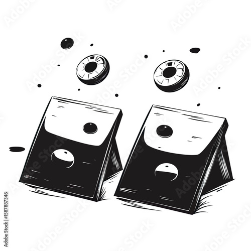 Minimalist black and white vector illustration of cornhole game boards with bean bags in midair in flat design style for leisure and outdoor sports concept art