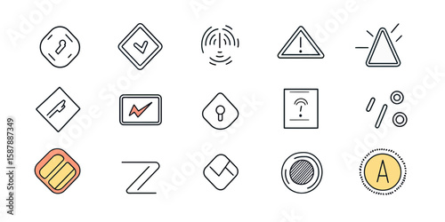 Set of 16 minimalistic thin line alert icons including caution triangle, warning sign, fingerprint, password lock, notification, and analytics symbols in flat style