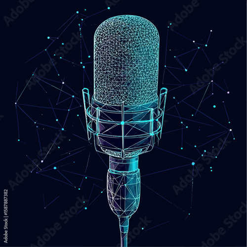 Futuristic wireframe vintage microphone with abstract polygonal mesh and connecting dots on dark background technology concept vector illustration
