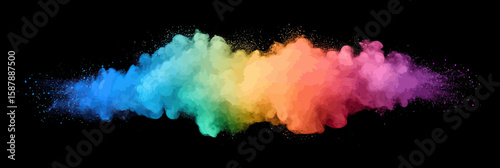 Colorful powder explosion with vibrant blue green yellow orange and pink dust cloud isolated on black background for creative abstract design and festival decoration elements