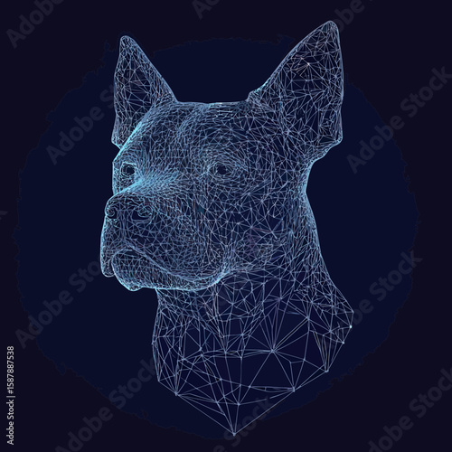 Digital wireframe polygonal dog head 3D mesh low poly geometric animal portrait blue lines on dark background technology concept