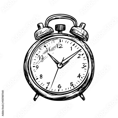 Hand drawn sketch style vintage alarm clock with ringing bells and classic round face showing time in detailed minimalist doodle vector illustration