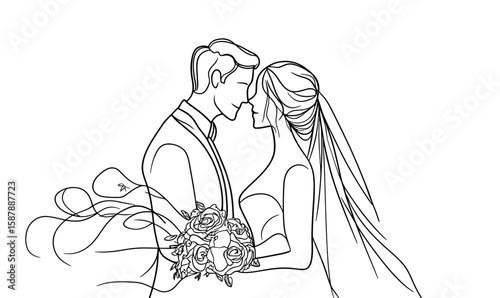 Minimalist continuous line art of romantic wedding couple bride and groom facing each other holding bouquet with flowing veil and elegant hairstyle silhouette vector illustration