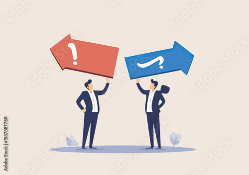 Business people holding large directional arrows with exclamation and question marks symbolizing decision making confusion and choice dilemma in minimalist vector style
