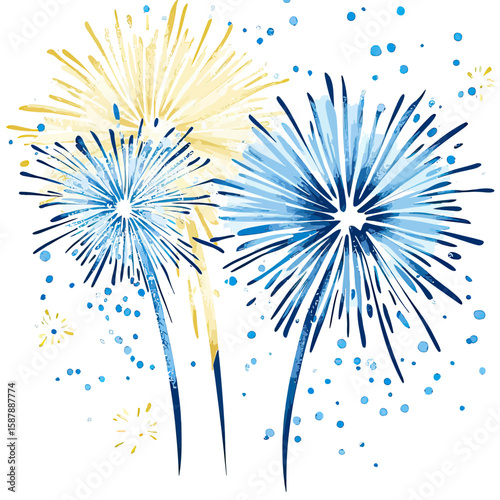 Blue and gold fireworks exploding with splash effect celebration festive abstract colorful vector illustration on white background for holiday event decoration design