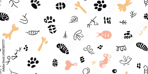 Seamless pattern of hand drawn cat paw prints bones fish bones and abstract doodle elements black and beige on white background vector illustration