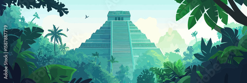 Mayan pyramid temple surrounded by lush green tropical jungle foliage with mountainous background in flat minimalist vector style