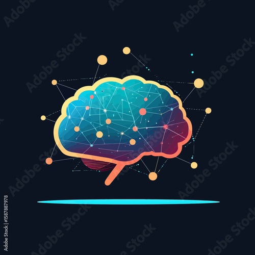 Abstract colorful digital brain with connected neural network nodes on dark background representing artificial intelligence and neural connections concept