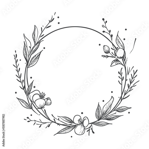 Minimalist hand drawn floral wreath circle frame with delicate leaves and buds black line art decorative border for design elements and invitations