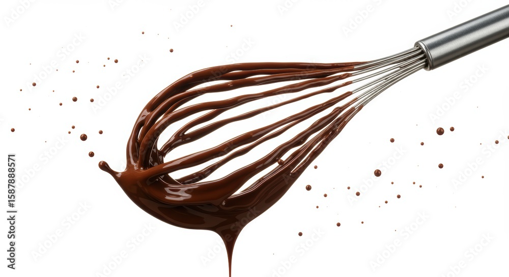 Fototapeta premium A tantalizing close up of a whisk coated in rich melted chocolate with scattered droplets ready for baking sweet treats