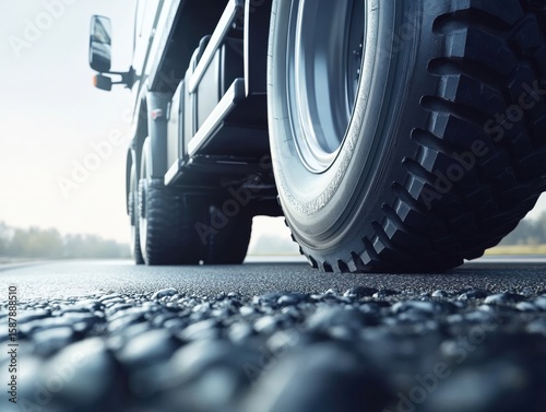 A large truck is parked on a smooth asphalt road under an overcast sky. The focus is on the heavy-duty tire, showcasing its rugged tread and sturdy design against the road surface.