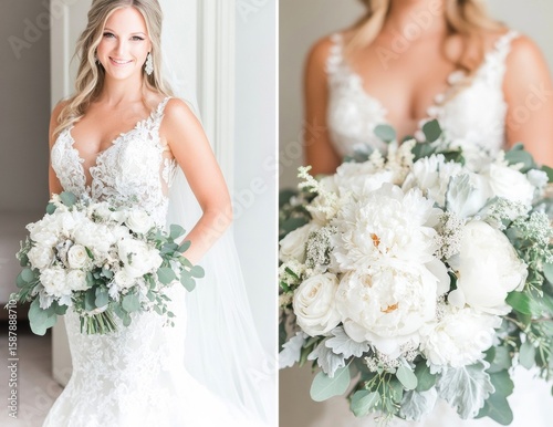 A bride stands gracefully in a fitted wedding gown, holding a stunning bouquet of white flowers. The setting is bright and elegant, capturing her joyful anticipation on her special day.