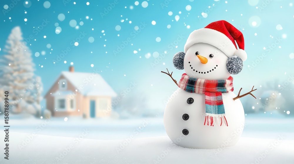 Fototapeta premium Adorable snowman in front of a suburban home, wearing earmuffs and a plaid scarf, surrounded by freshly fallen snow under a bright winter sky, cheerful holiday scene