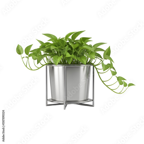 A potted pothos plant in a modern, metallic planter.