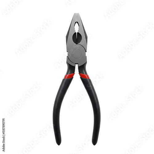 Close-up view of a pair of metal pliers with black and red handles.
