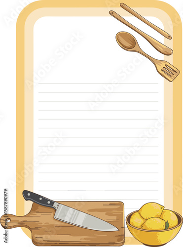 Kitchen recipe template with wooden utensils, cutting board knife, lemon bowl, blank lined paper, cooking background, food preparation, cooking tools, chef accessories, cooking note, recipe writing