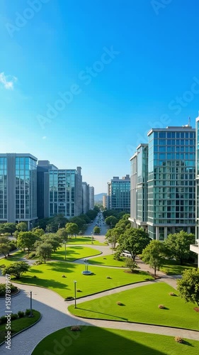 Vertical aerial footage showcases modern Pune IT park architecture with sleek office buildings and lush green spaces under a clear blue sky in stunning four k resolution.