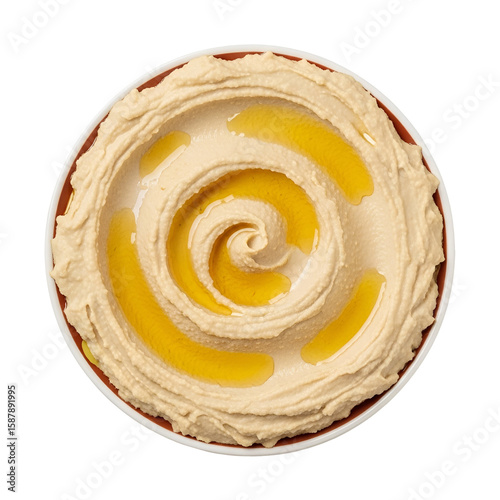 Creamy hummus in a round bowl, drizzled with olive oil, showcasing a swirl pattern.