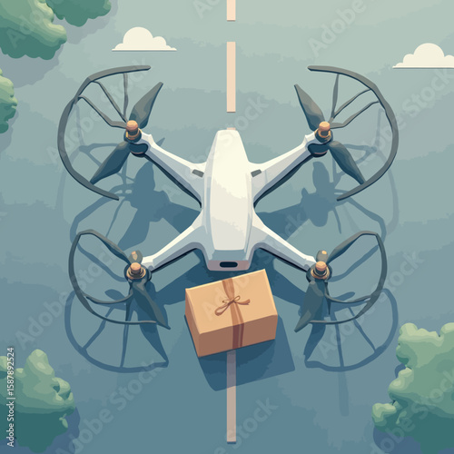 Aerial view of a white delivery drone carrying a package, flying above a road with trees and clouds.