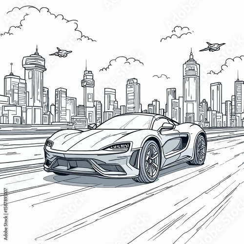 Futuristic city skyline with a sleek sports car speeding along a highway.