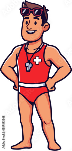 Confident lifeguard standing proudly, wearing a red swimsuit, sunglasses, and a whistle.
