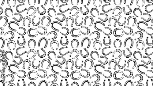 A seamless pattern of hand drawn horseshoes in black and white with varying orientations and sizes