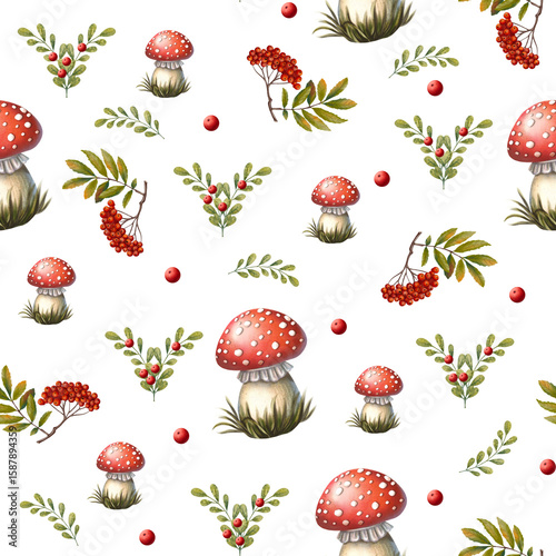 Fotografi Seamless pattern with red fly agaric mushrooms, rowan branches, leaves, and berries