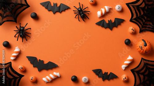 Seamless spooky Halloween background with cartoon pumpkins, bats, and cats on a black and orange autumn night for a festive October celebration design
