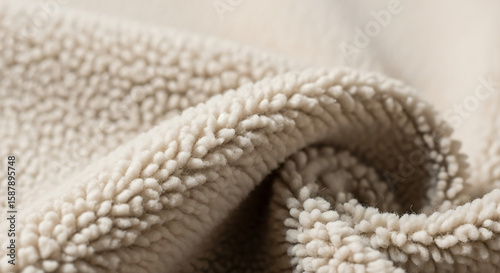 Close-up of soft, textured, beige fleece fabric with a looped pile, showing its warm and cozy nature.