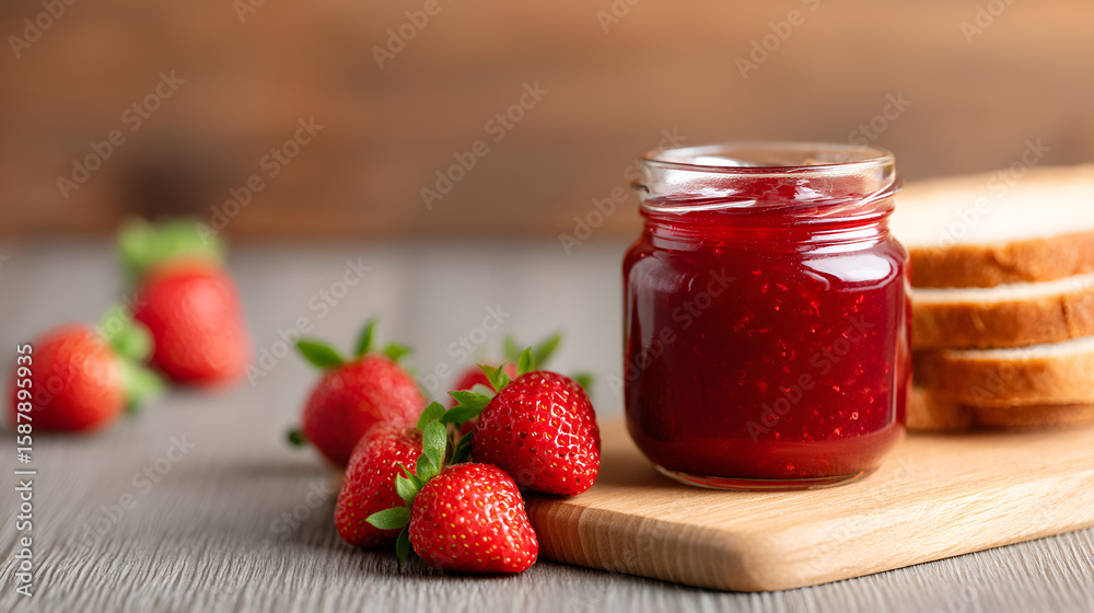 A jar of homemade strawberry jam accompanied by fresh strawberries and toast slices. white 55147355 1 A jar of homemade strawberry jam accompanied by fresh strawberries and toast slices. white 55147355 1