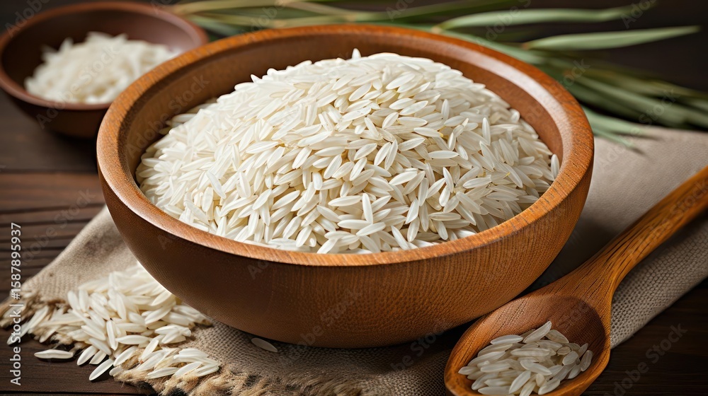 Rice in wooden bowl, close-up, simple, natural Rice in wooden bowl, close-up, simple, natural