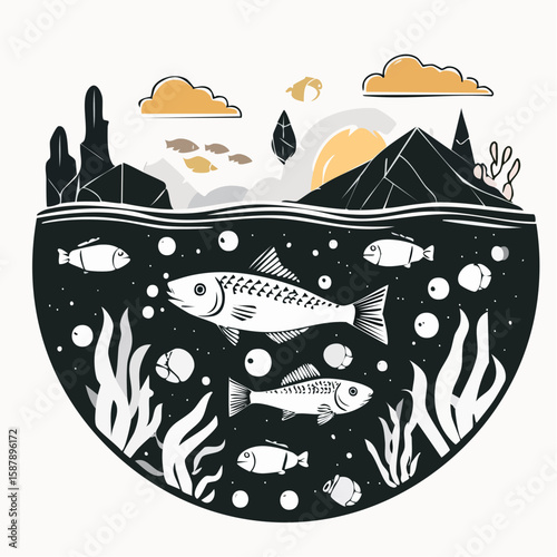 Black and white flat illustration of ocean pollution: fish swimming near plastic waste, done in high contrast style
