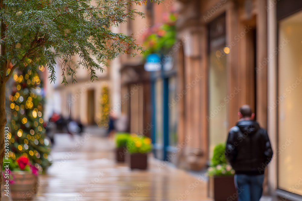 Obraz premium Walking on Wet Street with Christmas Decorations and City Architecture, motion blur Business concept, motion bokeh background
