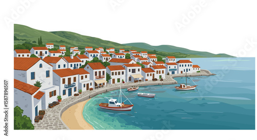 Coastal village by the sea with boats and red roofs in a scenic mediterranean landscape