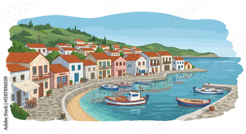 Charming coastal village scene with boats and colorful houses