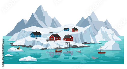 Scenic arctic landscape with icebergs, red cabins, and snow-capped peaks in calm waters